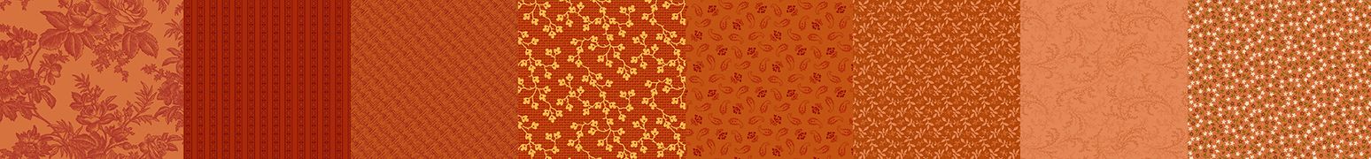 A horizontal strip showing multiple orange and red patterned fabric swatches, including damask, stripes, floral, polka dot, and textured designs.