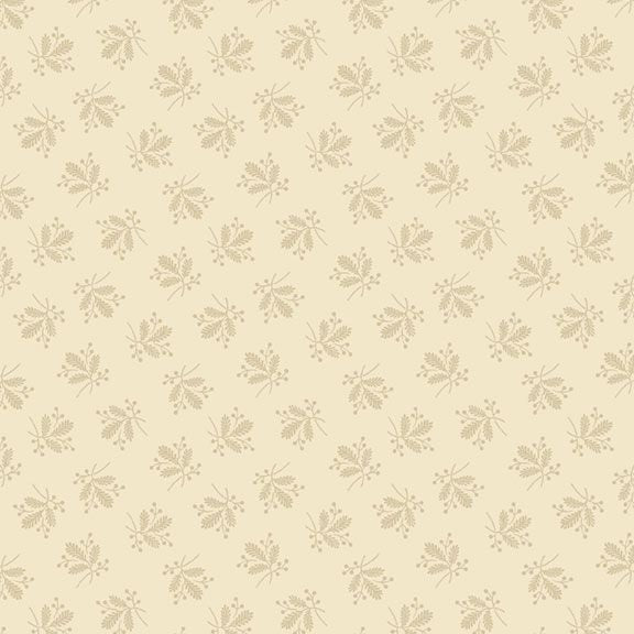 A repeating floral pattern in warm beige and tan on a cream background, shown as a flat all-over swatch.