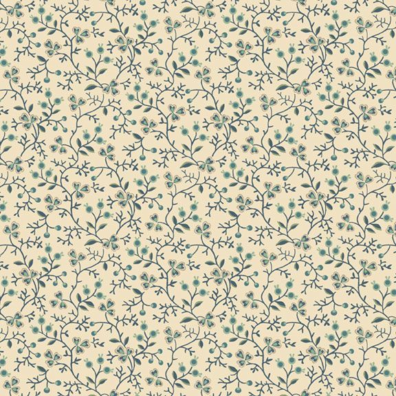 A repeating floral pattern with delicate blue-green leaves and small blossoms on a warm cream background.