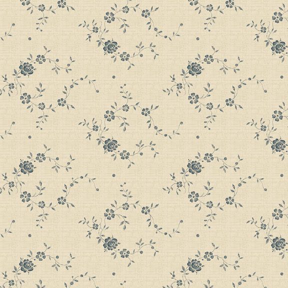 A repeating floral pattern on a warm cream fabric background, featuring muted blue-gray flowers and small leaves arranged in scattered vine motifs.