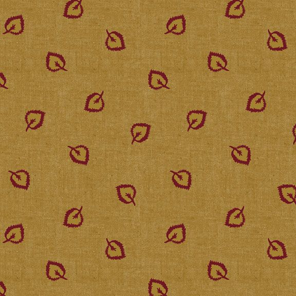 A close-up of a woven fabric pattern featuring a repeating motif of small dark red leaf shapes on a warm mustard-yellow background.