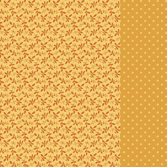 Two patterns of yellow-orange fabric shown side by side: a left panel with a small repeating floral motif on a warm yellow background, and a right panel with a honeycomb texture and small white polka dots on a mustard yellow background.