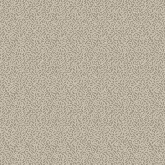 Beige fabric with a repeating delicate leaf pattern in slightly darker taupe-gray tones.