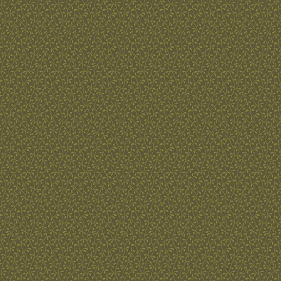 A close-up of a repeating leafy vine pattern in olive green and dark green tones, filling the entire frame.