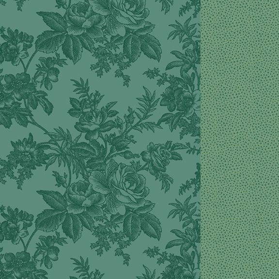 Green floral patterned fabric swatch with a dark teal rose toile design on the left and a solid light green dotted texture panel on the right.