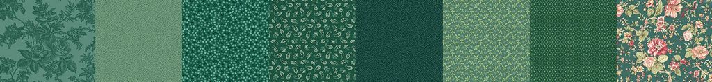 A close-up swatch strip showing multiple green patterned fabric including floral, damask, textured, and small-scale prints in shades of green and teal.