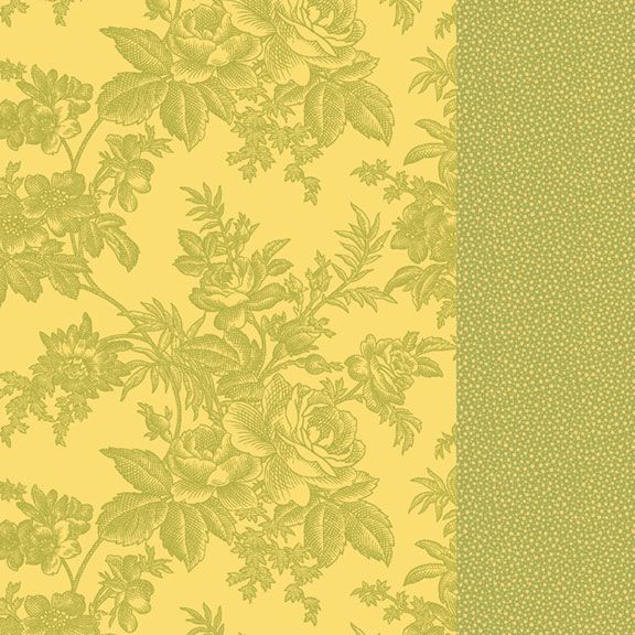 A close-up of a yellow wallpaper or fabric pattern with olive green floral toile-style roses and leaves, plus a vertical dotted green border on the right side.