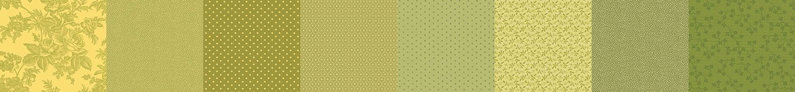 A horizontal strip of nine vertical color and pattern swatches in various shades of yellow-green, olive, and sage, including floral, dotted, and textured designs.