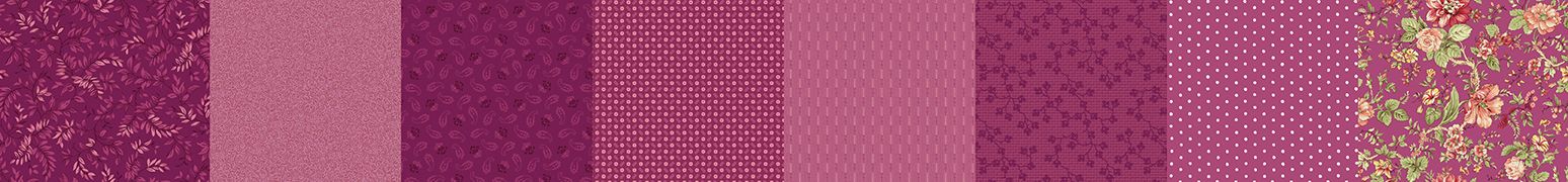 A vertical strip showing multiple pink and purple patterned fabric or wallpaper swatches, including damask, solid, polka dot, and floral designs.