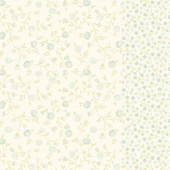 A repeating floral pattern with small pale blue and mint flowers and thin green stems on a warm cream background, with a denser border of matching flowers along the right edge.