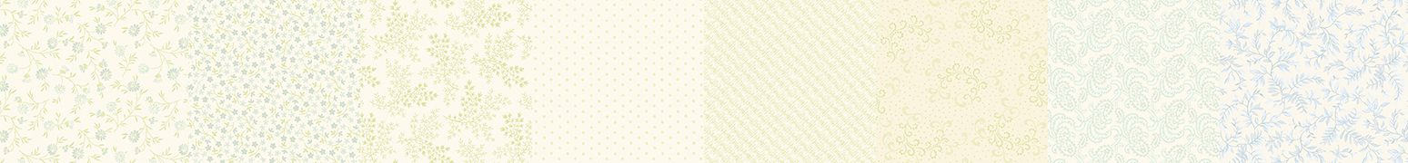 A horizontal strip showing multiple pale pastel patterned swatches, including cream, mint, light green, and soft blue designs.