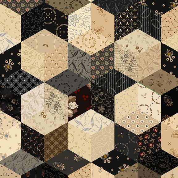 A repeating geometric patchwork pattern made of hexagonal blocks in beige, cream, black, gray, and brown, each with different floral, paisley, striped, and dotted textile-style prints.