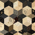 A repeating geometric patchwork pattern made of hexagonal blocks in beige, cream, black, gray, and brown, each with different floral, paisley, striped, and dotted textile-style prints.
