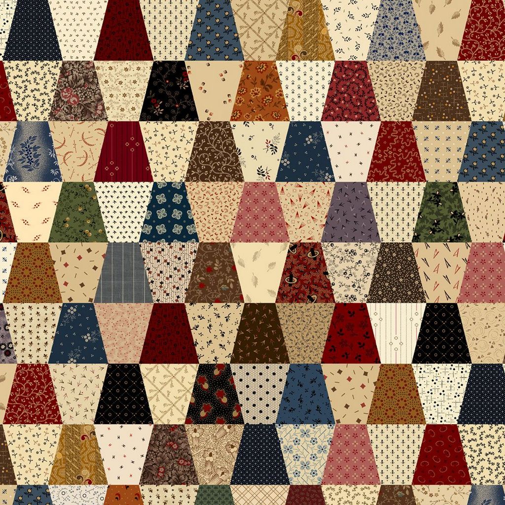 Patchwork pattern with triangular fabric pieces in various colors and patterns.