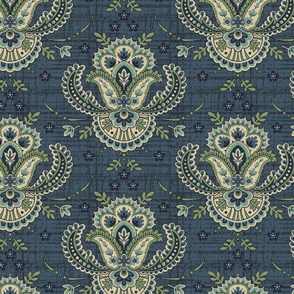 A close-up of a repeating paisley pattern on fabric, featuring ornate medallion motifs in cream, sage green, and blue on a dark blue textured background.