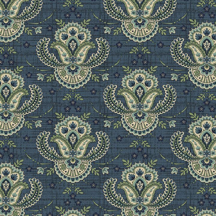A repeating paisley pattern on a textured navy blue fabric background, featuring cream, sage green, and light blue motifs with small dark blue floral accents.