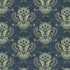 A repeating paisley pattern on a textured navy blue fabric background, featuring cream, sage green, and light blue motifs with small dark blue floral accents.