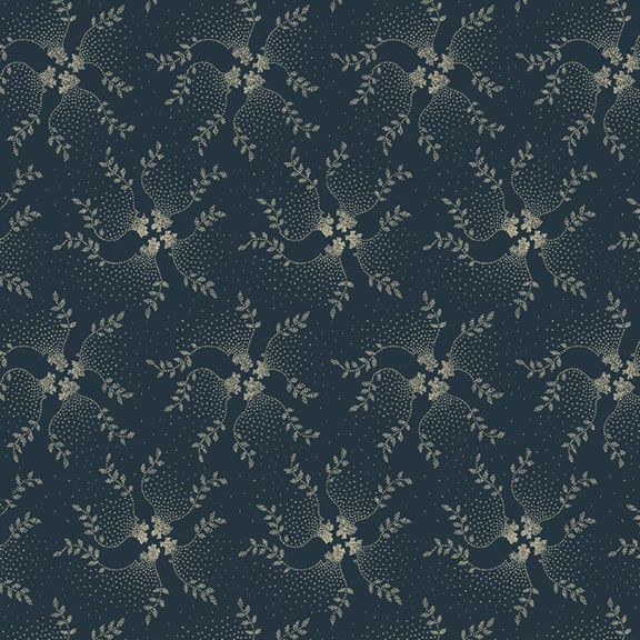 A repeating floral pattern on a dark navy blue background, featuring pale beige vines, leaves, and small blossoms arranged in a dense, ornate design.