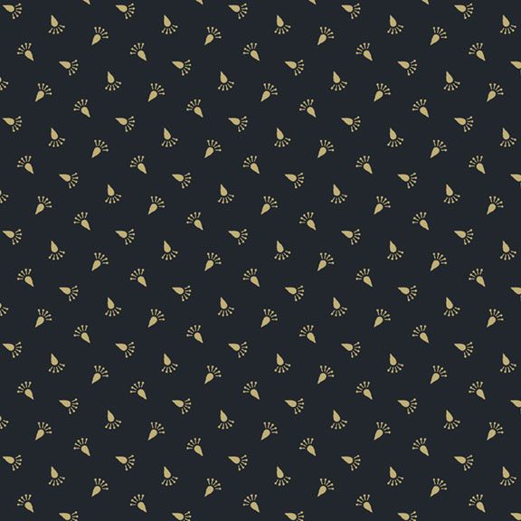 A repeating pattern of small gold leaf-like motifs on a dark navy blue background.