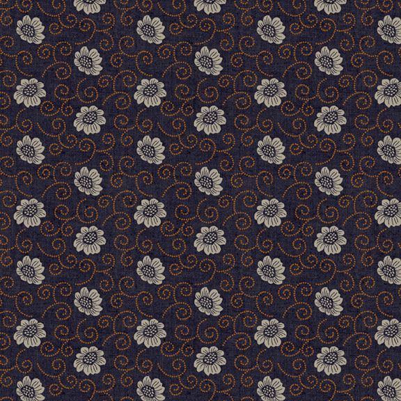 A close-up of a fabric pattern featuring cream-colored flowers and swirling gold outlines on a dark navy blue background.