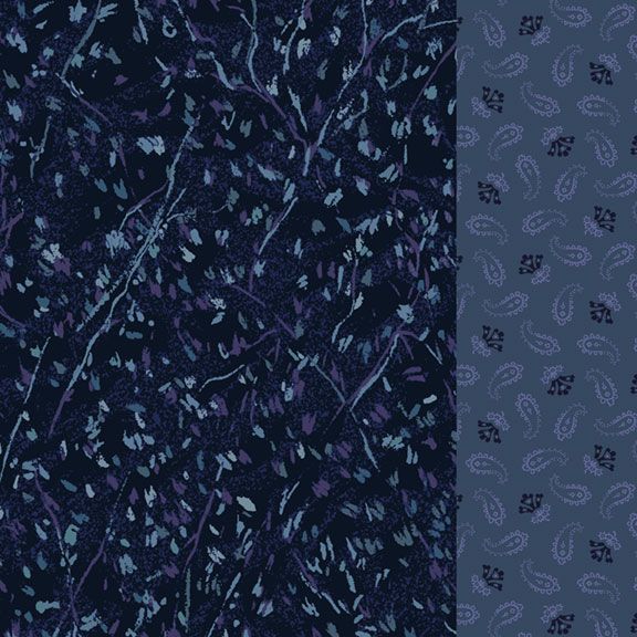 Two fabric swatches side by side: the left is a dark navy pattern with purple and light blue leafy branches, and the right is a slate blue pattern with purple paisley motifs.