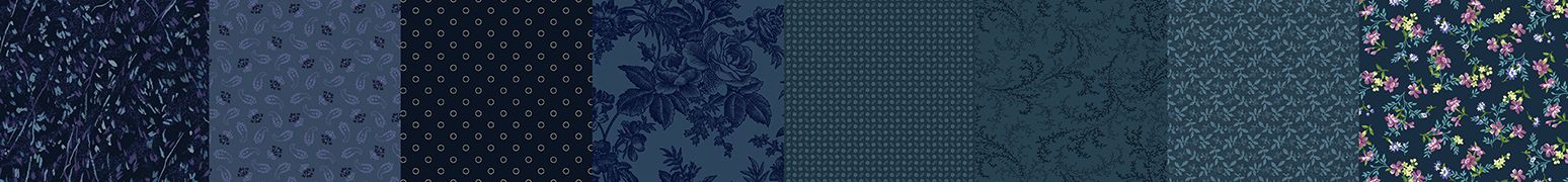 A horizontal strip of twelve dark blue patterned fabric swatches, ranging from solid navy and subtle floral motifs to dense polka dots and small multicolor floral prints.