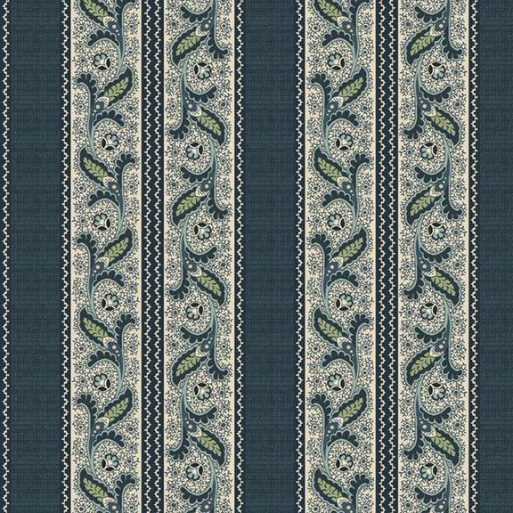 A close-up of a patterned fabric or wallpaper featuring vertical stripes with ornate floral and scroll motifs in muted green, cream, and dark blue-gray.