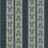 A close-up of a patterned fabric or wallpaper featuring vertical stripes with ornate floral and scroll motifs in muted green, cream, and dark blue-gray.