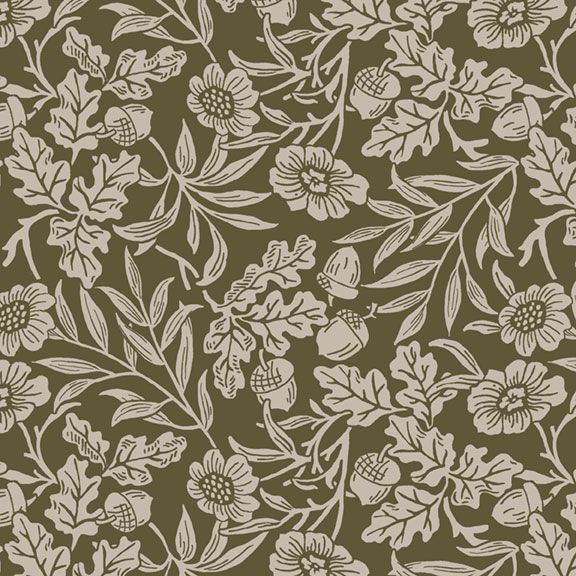 A repeating floral and botanical pattern in green with warm cream-colored leaves, flowers, and acorns.