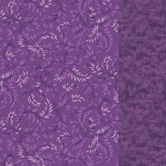 Purple patterned fabric swatch with a repeating leafy vine design on the left and a solid textured purple panel on the right.