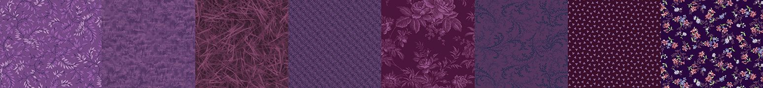 A horizontal strip showing multiple purple fabric pattern swatches, including floral, textured, and dotted designs.
