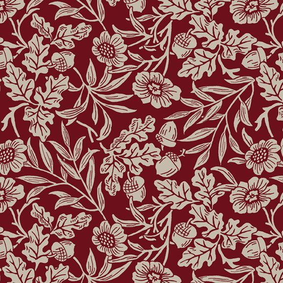 A repeating floral and botanical pattern in deep burgundy red with warm cream-colored leaves, flowers, and acorns.