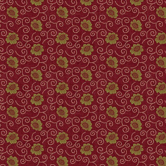 A repeating pattern of olive green flowers and cream dotted swirls on a deep burgundy background.