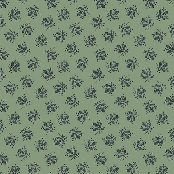 A repeating floral pattern featuring green stylized leaves and small dots on a muted sage green background.