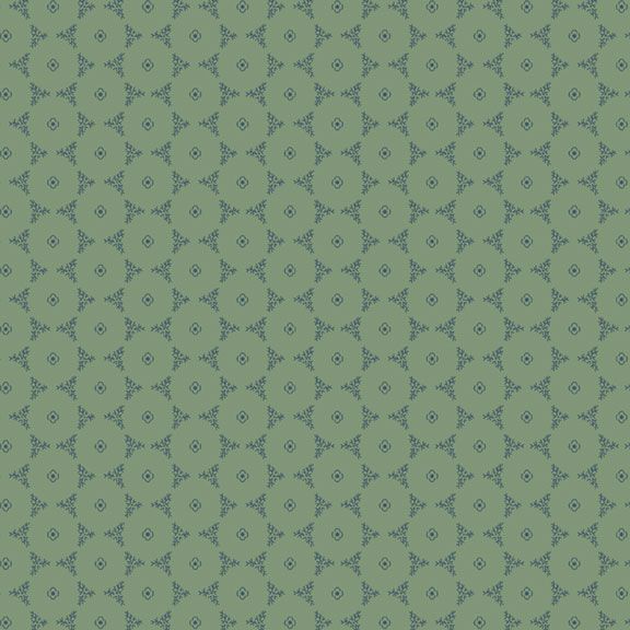 A repeating geometric pattern of small blue ornamental motifs on a muted sage green background.