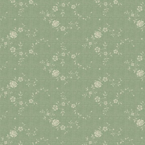A close-up of a sage green fabric with a delicate cream floral and leaf pattern repeated across the surface.