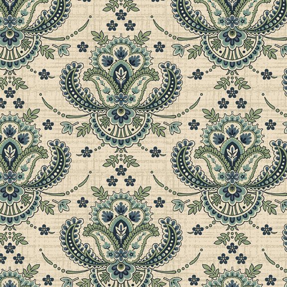 A repeating paisley and floral pattern on a textured cream background, with teal, blue, and sage green motifs and small dark blue flower accents.