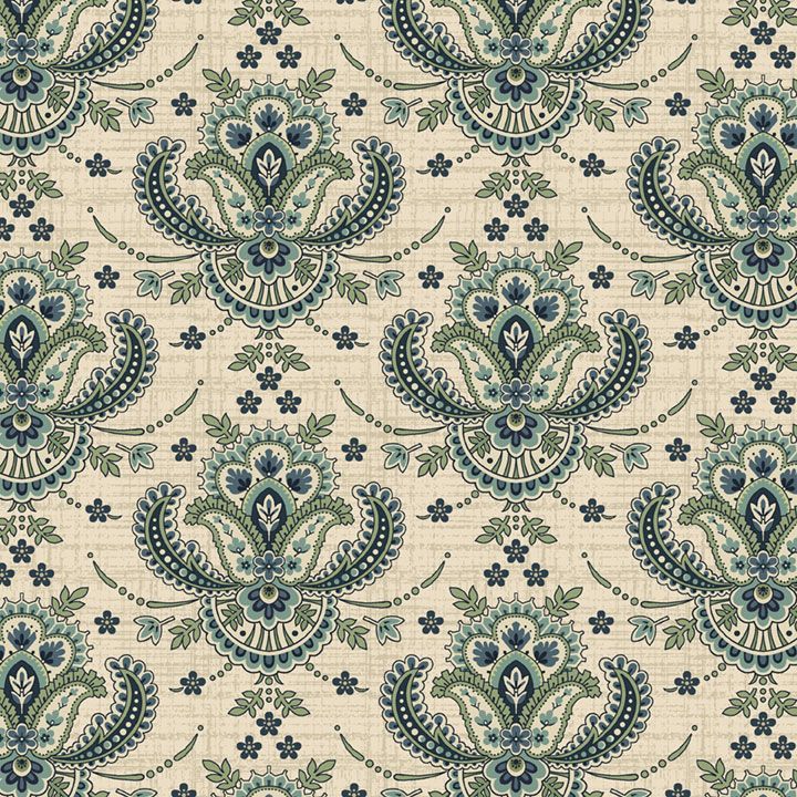 A repeating fabric pattern featuring ornate paisley and floral motifs in muted blue, sage green, and cream on a light beige textured background.