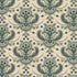 A repeating fabric pattern featuring ornate paisley and floral motifs in muted blue, sage green, and cream on a light beige textured background.