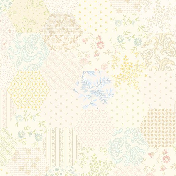 A repeating pastel patterned surface with floral, paisley, and geometric motifs in soft yellow, blue, pink, and beige on a cream background.