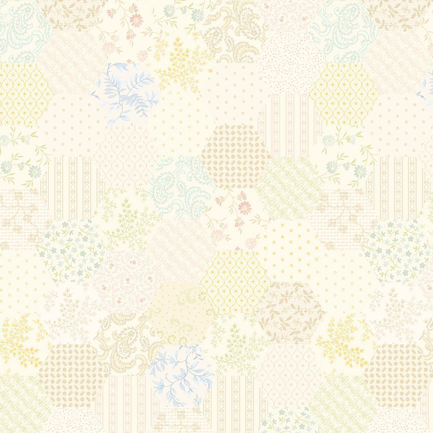 A seamless fabric pattern featuring a patchwork design of hexagonal and rectangular blocks with various patterns including stripes, florals, dots, and paisley in soft pastel shades of yellow, green, blue, and beige on a cream background.