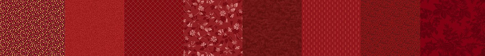 A vertical strip showing multiple red fabric or material swatches with different textures and patterns, including solid, woven, floral, and damask designs.