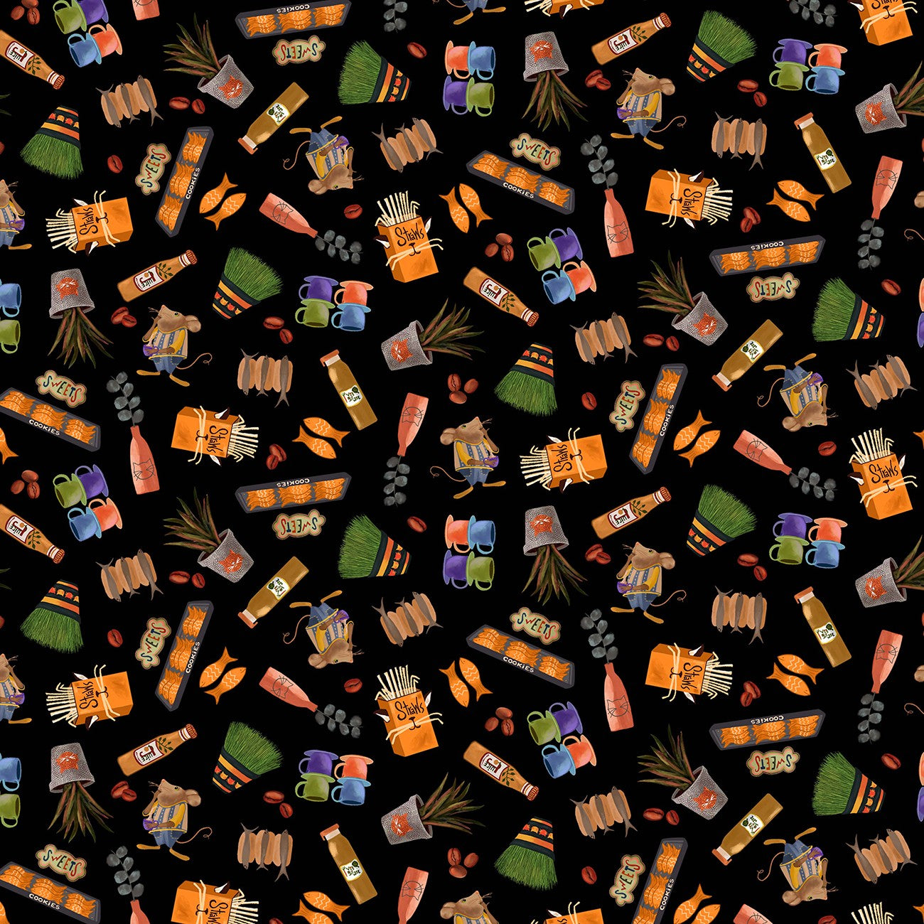 Fabric Michael Miller Black Cat Stuff Purrsuit of Coffeeness by the Quarter Yard DDC12486-BLAC