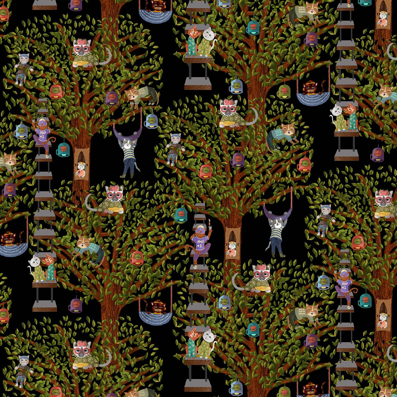 Fabric Michael Miller Black Cats on Tree Purrsuit of Coffeeness by the Quarter Yard DDC12480-BLAC