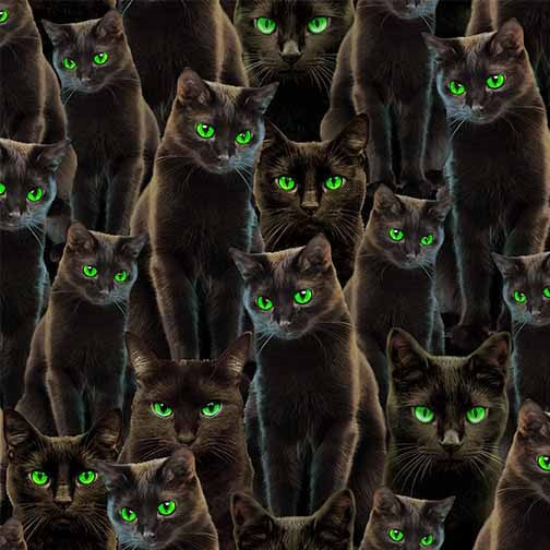 Pattern of black cats with green eyes on a black background