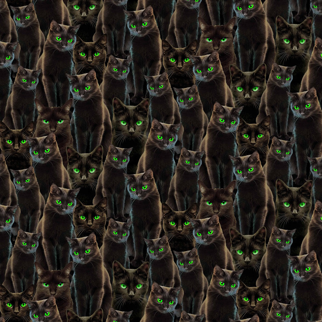 Pattern of dark brown cats with green eyes on a black background