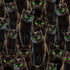 Pattern of black cats with green eyes on a black background
