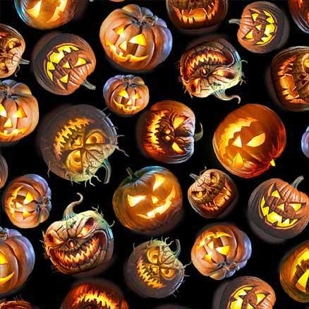 Pattern of Halloween pumpkins with carved faces on a black background