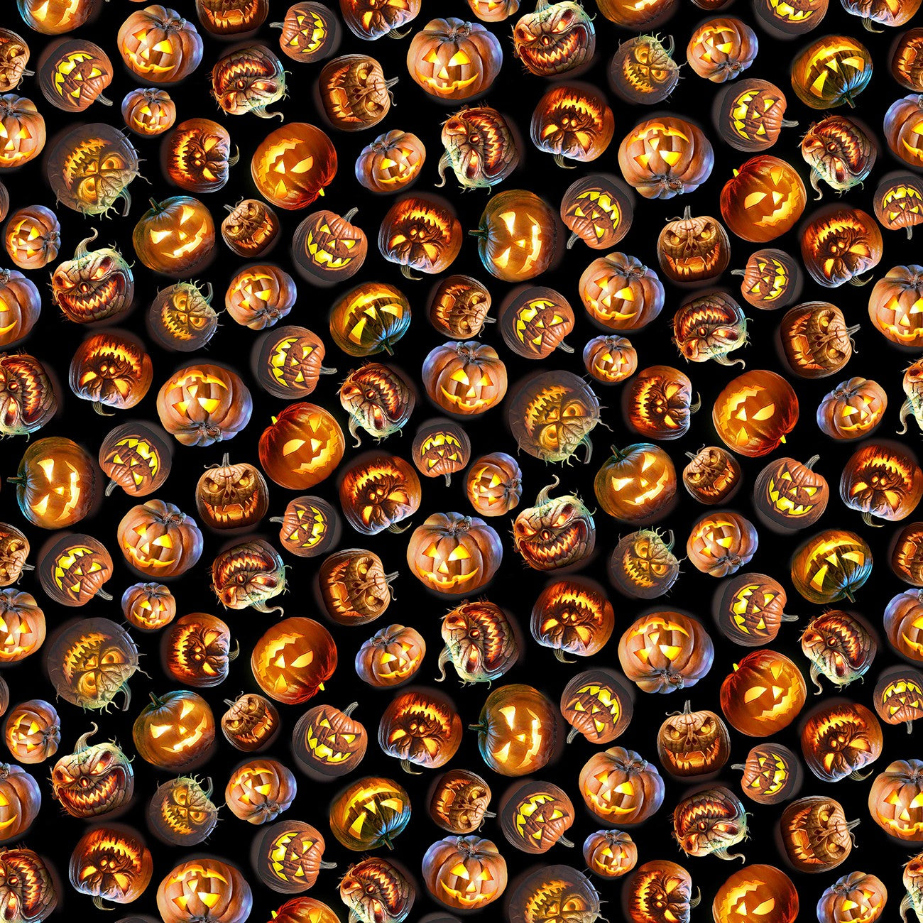 Pattern of variously carved Halloween pumpkins with glowing lights on a dark background.