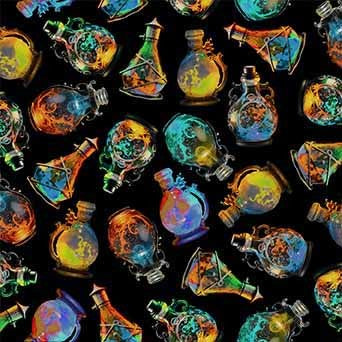 Colorful potion bottles pattern on a black background